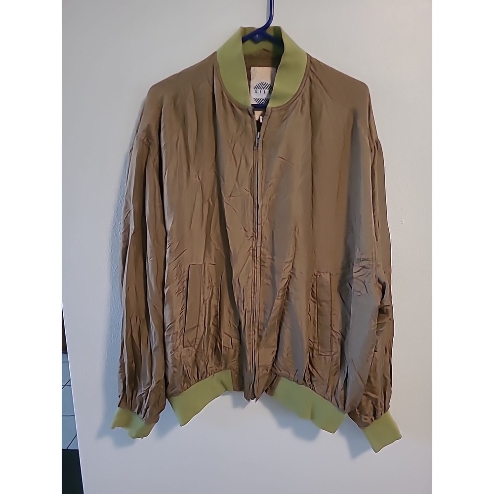 Vintage Silk Uomo‎ Brown Green Bomber Jacket Men Large 100% Silk
